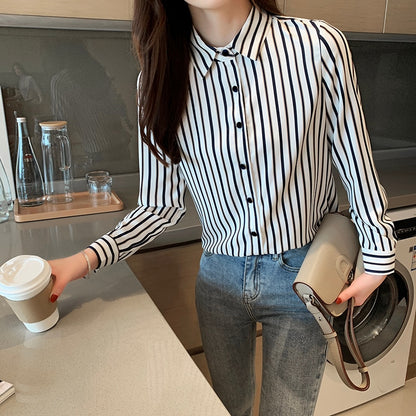 Fashion Blouses Woman 2021 Turn Down Collar Office Ladies Tops Striped Chiffon Blouse Long Sleeve Women Shirts Top Female B833