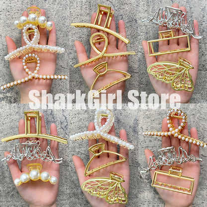 Pearl Hair Claw Set Clip for Women Gold Color Hairpins Metal Hair Accessories Geometric Hollow Pincer Barrette Crystal Clip Big