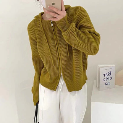 double zipper hooded knitted cashmere cardigan women's autumn winter loose sweater short style hoodie casual wool coat