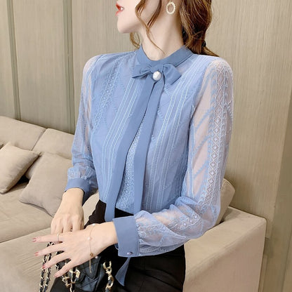 Long Sleeve Women Blouses Shirts Blouse Women Blusas Mujer De Moda 2021 Stand Collar Lace Blouse Shirt Women Tops Blusa D495