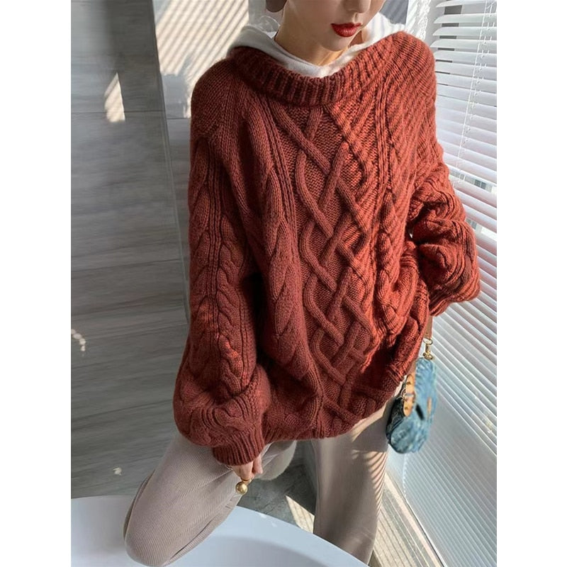 version of loose languid lazy wind twisted flower thickened woolen knit woman autumn winter round neck long pullover sweater