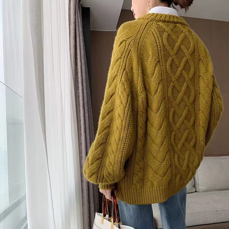 version of loose languid lazy wind twisted flower thickened woolen knit woman autumn winter round neck long pullover sweater