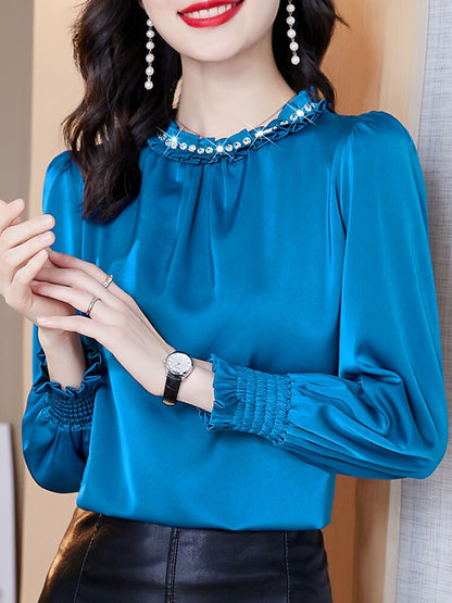 Long Sleeve Blouse Women Beading O-Neck Chiffon Blouse Shirt Women Tops Blusas Mujer De Moda 2022 Blouses Femme Shirts E928