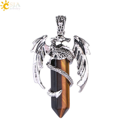 CSJA Animal Dragon Man Necklace Natural Gem Stone Healing Pink Quartz Hexagonal Crystal Pendant Vintage Jewelry for Women H012