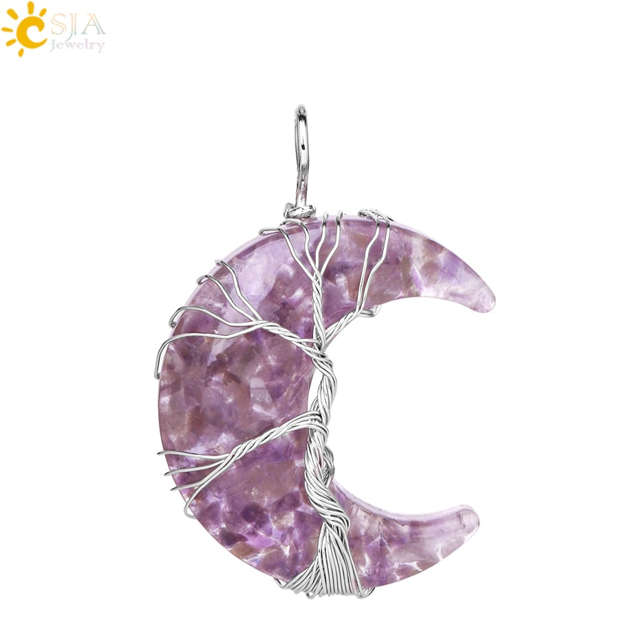 7 Chakras Tree of Life Necklace Wire Wrap Crescent Moons Crystal Pendants Chip Quartz Natural Stone Resin Stainless Steel G931