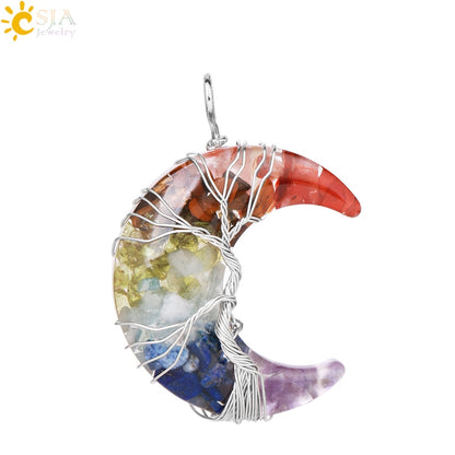 7 Chakras Tree of Life Necklace Wire Wrap Crescent Moons Crystal Pendants Chip Quartz Natural Stone Resin Stainless Steel G931