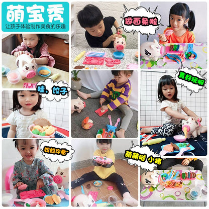 Children&#39;s Pretend Play Piggy Noodle Machine Family Play House Toy Set Colored Clay Plasticine Ice Cream Machine Mold Toys Gift