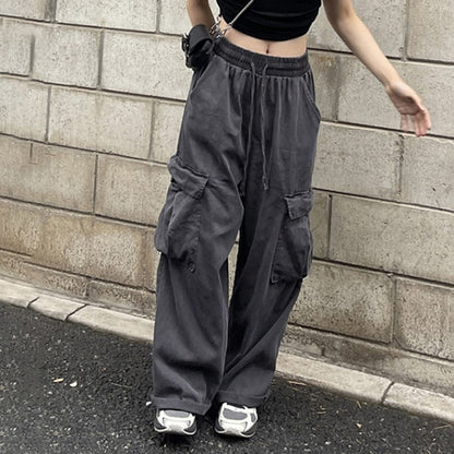 Harajuku Big Pocket Baggy Cargo Pants Women Wide Leg Drawstring Elastic Sweatpants Y2K Korean Streetwear Gray Casual Trousers