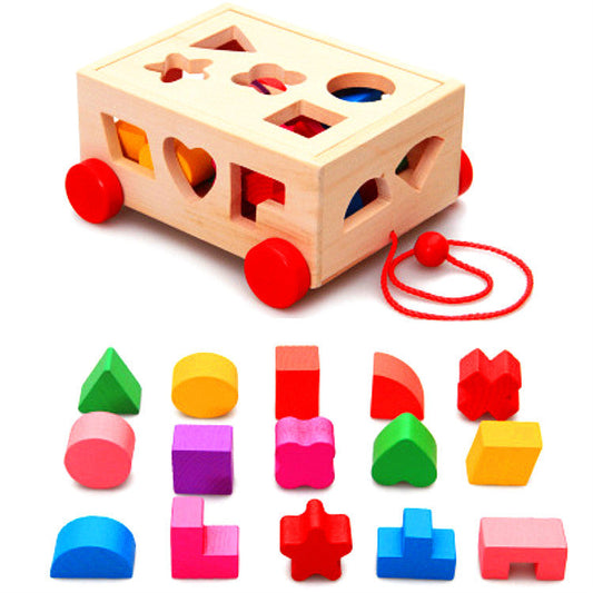 Wooden Toys Car Building Blocks Geometry Shape and Matching Box